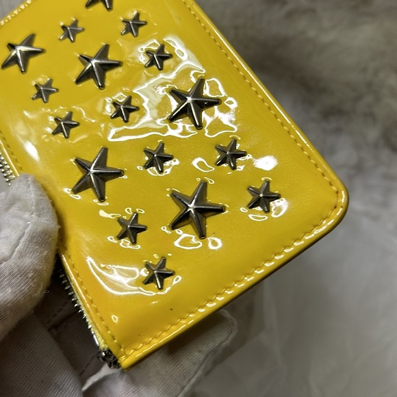 Jimmy Choo Yellow patent leather star studded keychain cardholder pouch - Picture 12 of 16